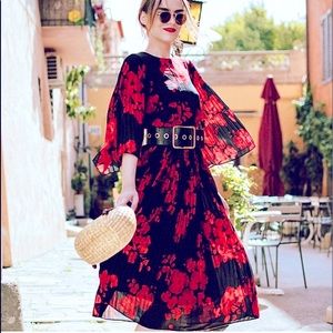 H&M Floral Black & Red Flutter Sleeve Pleat Skirt midi dressSize 4.